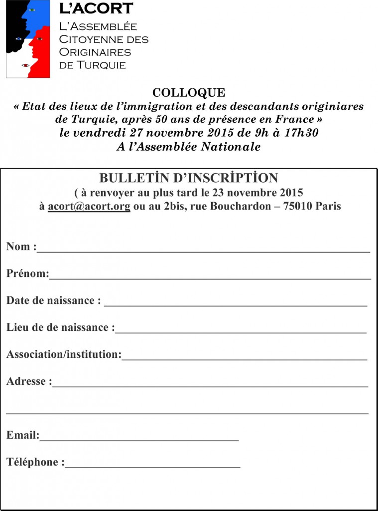 ACORT Bulletin Inscription Colloque du 27 novembre 2015